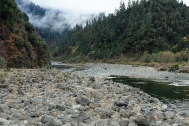 Klamath River surrounded by forest with mist in the background.