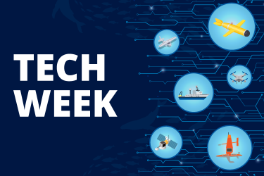 Promotional graphic for Tech Week featuring various types of technology like airplanes, ships, and drones connected through digital network lines on a blue background.